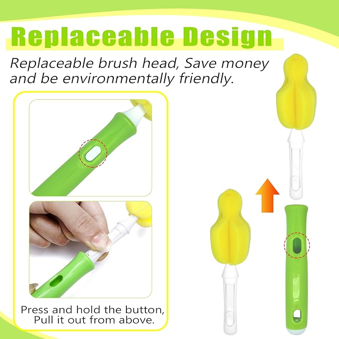 INVODA 12PCS Sponge Nipple Bottle Brushes, Baby Bottle & Nipple Cleaner with 4 Replacement Heads & 4 Straw Brushes (Yellow)