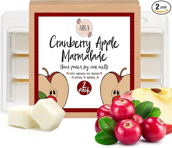 Aira Soy Wax Melt - Organic, Vegan, Kosher, Scented Soy Wax Cubes w/Essential Oils - No Chemical 100% Soy Wax Melts for Electric/Tealight Melters - Hand-Poured Soy Tarts - Cranberry Apple - 2 Pack