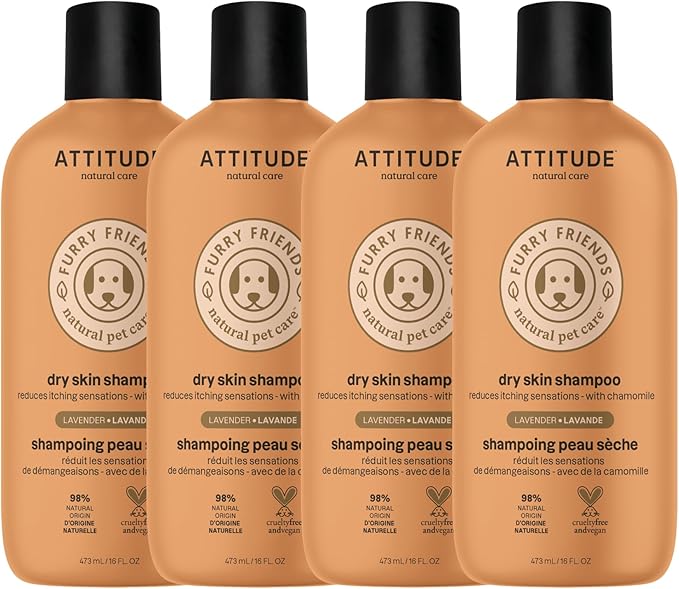 ATTITUDE Natural Itch Soothing Shampoo for Cat & Dog, Vegan and Cruelty-Free, Grooming Products, Lavender, 16 Fl Oz (Pack of 4)