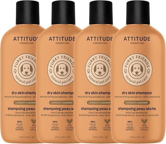ATTITUDE Natural Itch Soothing Shampoo for Cat & Dog, Vegan and Cruelty-Free, Grooming Products, Lavender, 16 Fl Oz (Pack of 4)