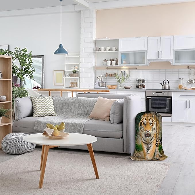 Swono Tiger Extra Heavy Duty Laundry Bag, Animal Portrait Jungle Mammal Feline Wildlife X-Large Dirty Clothes Drawstring Bag with Tear Resistant Fabric, Washable Laundry Liner for Hamper, Ideal for