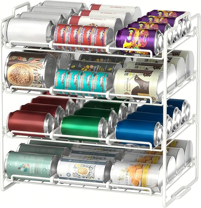 4 Tiers Stackable Can Rack Organizer, Wear-resistant Upgrade Beverage Food Can Dispenser Holder Holds up to 48 Cans for Kitchen Cabinet and Pantry (White)