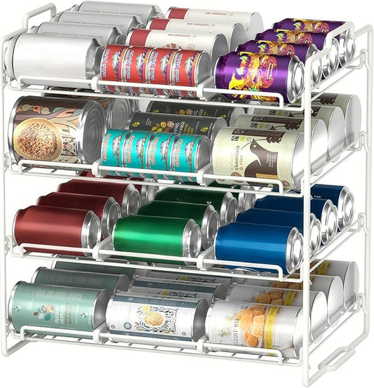 4 Tiers Stackable Can Rack Organizer, Wear-resistant Upgrade Beverage Food Can Dispenser Holder Holds up to 48 Cans for Kitchen Cabinet and Pantry (White)