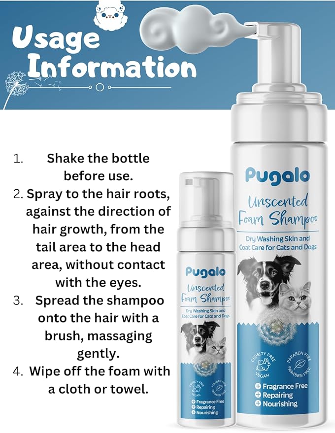 Waterless Cat & Dog Shampoo – 200ml (6.76oz) Unscented Dry Foam Cleanser & Conditioner – No-Rinse Deshedding Shampoo for Smelly Pets