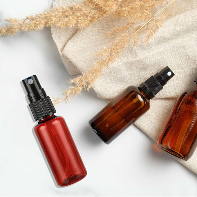 60PCS 1 oz Plastic Amber Spray Bottle, Empty Small Amber Spray Bottle with Sticker and Funnel, Refillable Mini Mister Spray Bottle for Essential Oils, Bath & Cleaning