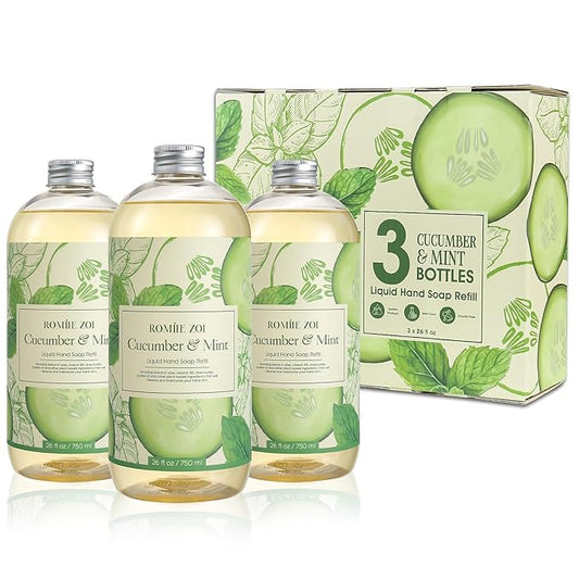 ROMIIE ZOI Liquid Hand Soap Refills Gift Set – Cucumber & Mint Scent – 3 Pack (26 Fl Oz Each) – Cruetly Free, Biodegradable, Moisturizing & Gentle Refill For Kitchen, Bathroom & Sensitive Skin