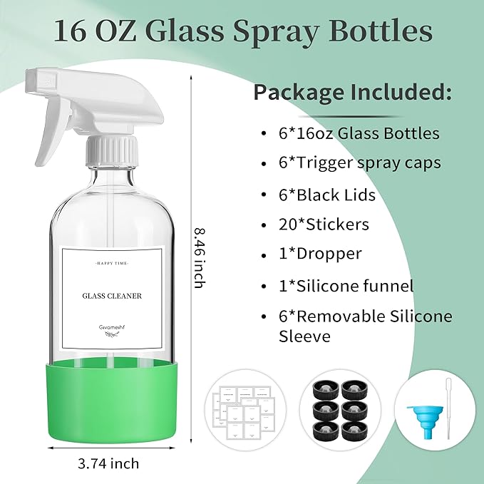16oz Clear Glass Spray Bottles,6 Pack Glass Spray Bottles Refillable Empty Bottle with Adjustable Nozzle,Spray Bottle for Essential Oils,Cleaning,Pets,Hair Mister