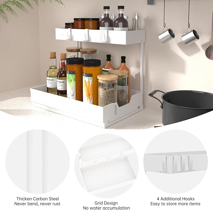 2-Tier Under Sink Organizers and Storage 2 Pack Sliding L-shape Under Cabinet Organizers For Narrow Space Multi-purpose Sink Organizer for Bathroom Kitchen Drawer(White 2 Pack)