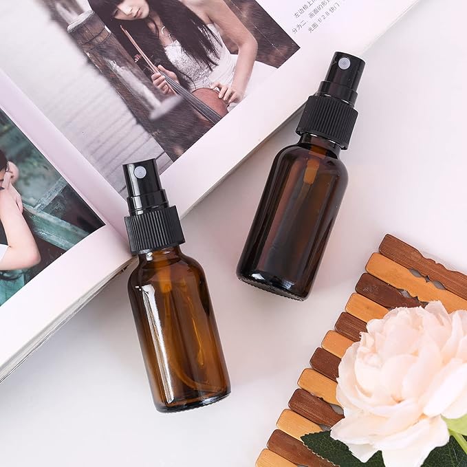 2oz Glass Spray Bottle, Fine Mist Boston Glass Bottles with Black Fine Mist Sprayer Small Clear Bottles for Essential Oils, Bath, Beauty, Hair & Cleaning, Amber, Pack of 48