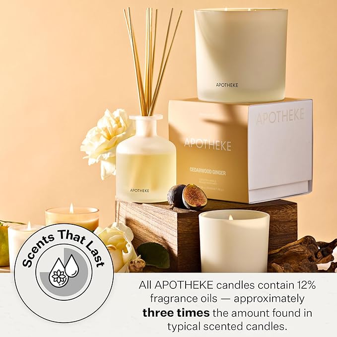 Apotheke Signature Scented Candles for Home, Cedarwood Ginger - 10.5 oz - Soy Wax, Non Toxic, Large Jar White - Luxury Candle Gifts for Women & Men - Patchouli, Red Tea, Fig, and Coconut