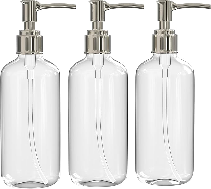 Clear Plastic Soap Dispenser Pump Bottles – 3 Pack, 16 Oz – Refillable Hand Soap Dispensers for Bathroom or Kitchen, BPA-Free Boston Round Pump Bottles for Liquid Soap, Dish Soap, Lotion