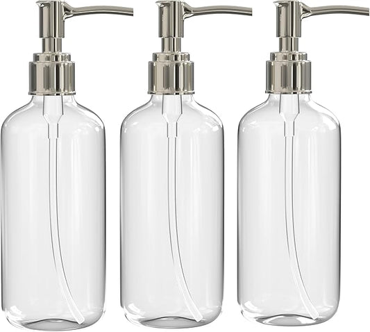 Clear Plastic Soap Dispenser Pump Bottles – 3 Pack, 16 Oz – Refillable Hand Soap Dispensers for Bathroom or Kitchen, BPA-Free Boston Round Pump Bottles for Liquid Soap, Dish Soap, Lotion