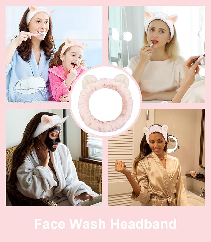 Huachi 2 Packs Cute Cat Ears Spa Headband for Washing Face Makeup Skincare, Kitty Animal Headbands for Women Girls Trendy Stuff Gifts Soft Coral Fleece Facial Wash Hair Accessories (White + Pink)
