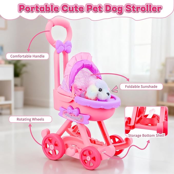 13Pcs Dog Toys for Kids Girls, Pretend Puppy Stroller Playset for Toddler, Electronic Interactive Walking Barking Dog Toy, Pet Care & Feeding Accessories Birthday Gifts for Little Girl 3 4 5 6