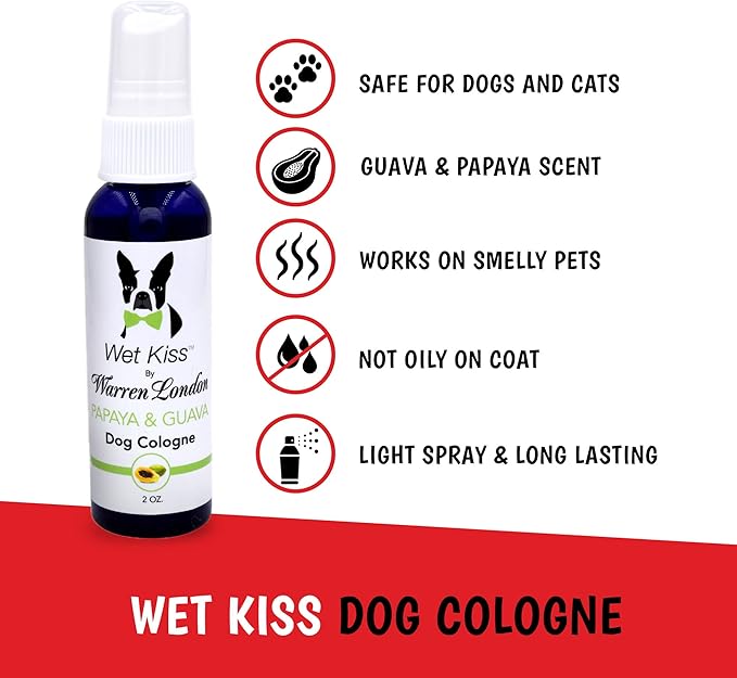 Warren London - Wet Kiss Dog Cologne, Long Lasting Dog Spray, Dog Deodorant to Remove Odor from Stinky Dogs, Papaya & Guava, 2 Ounce Bottle