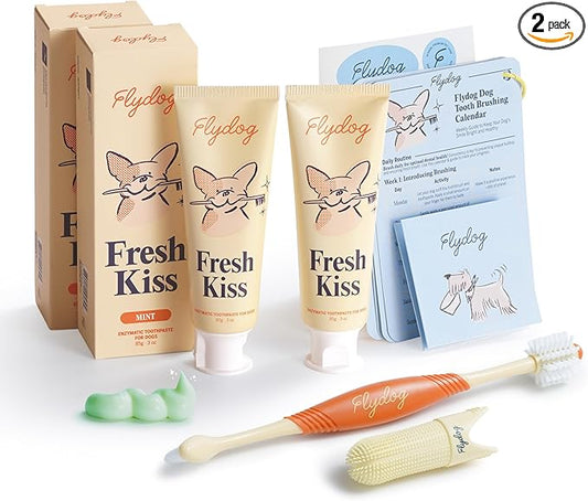 FlyDog Fresh Kiss Dog Tooth Brushing Kit - Vet Approved Formula, Enzymatic Dog Toothpaste and Brush - Breath Freshener & Tartar Remover, 360° Toothbrush & Finger Brush, Dental Guide, Mint Flavor