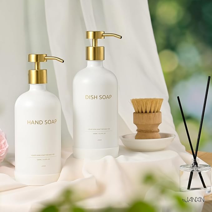 Soap Dispenser Set with Non-Slip Protective Silicone Pad, Hand Soap Dispenser for Bathroom and Kitchen Decor, White and Gold Accessories (White Bottles + Gold Pumps)