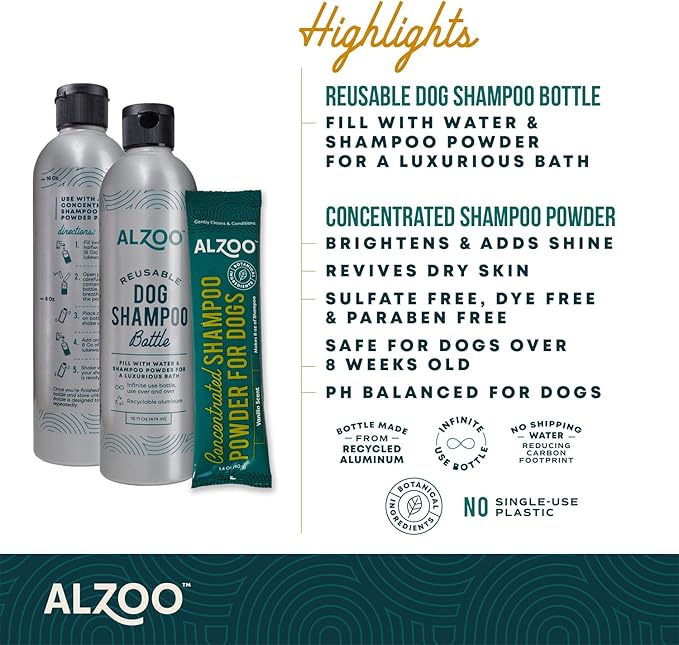 ALZOO Concentrated Shampoo Powder for Dogs, Specially Formulated for Dogs with Sensitive Skin, 100% Plant-Based Active Ingredients, Vanilla Fragrance, Pack of 20