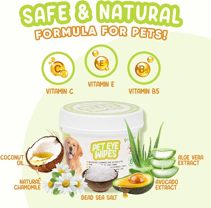 Pet Eye Wipes for Dogs & Cats | Gently Removes Tear Stains, Eye Debris, Discharge, Mucus Secretions | Chamomile Oil Pet Cleaning & Deodorizing Wipes for Eyes & Stains (100 Count)