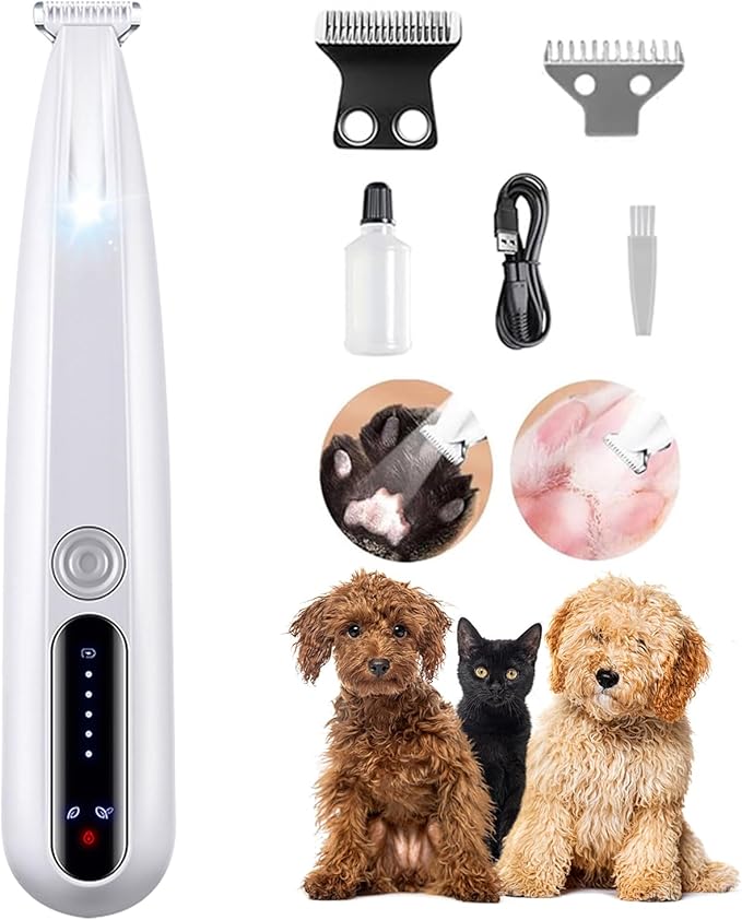 2025 New Pet Precision Trimmer, Dog Paw Trimmer with LED Light, Low Noise, IP68 Waterproof, Dual-Speed Motor, Suit for Trimming Paw, Ear, Face, Butt, Eyebrows, USB Rechageble