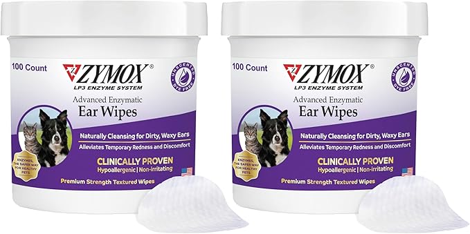 Zymox Advanced Enzymatic Ear Wipes for Dogs and Cats - for Dirty, Waxy, Smelly Ears - Premium Strength Ear Cleaner Wipes - Non-Irritating - Hypoallergenic (100 Count-Pack of 2)
