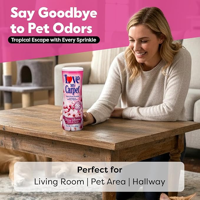 6 Love My Carpet | Carpet Deodorizer & Freshener Powder | 17 oz Pet Odor Eliminator for Strong Odor & Pet Urine | CHERRY BLOSSOM | Safe for Homes with Pets
