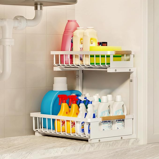 Under the Sink Organizer, 2 Tier Large Pull Out Under Sink Organizer Kitchen with Adjustable Height, Metal Under Cabinet Organizer and Storage for Counter Bathroom Vanity Laundry, White 1 Pack