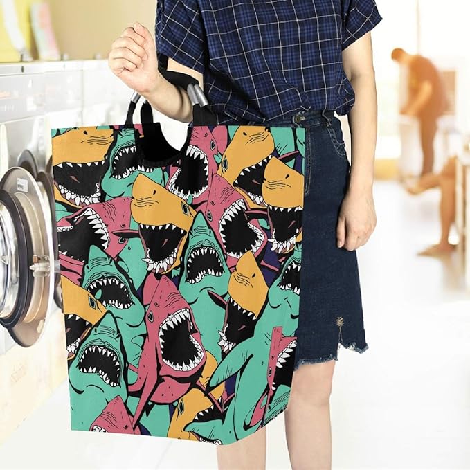 visesunny Colorful Shark Cartoon Large Laundry Hamper with Handle Foldable Durable Clothes Hamper Laundry Bag Toy Bin for Bathroom, Bedroom, Dorm, Travel