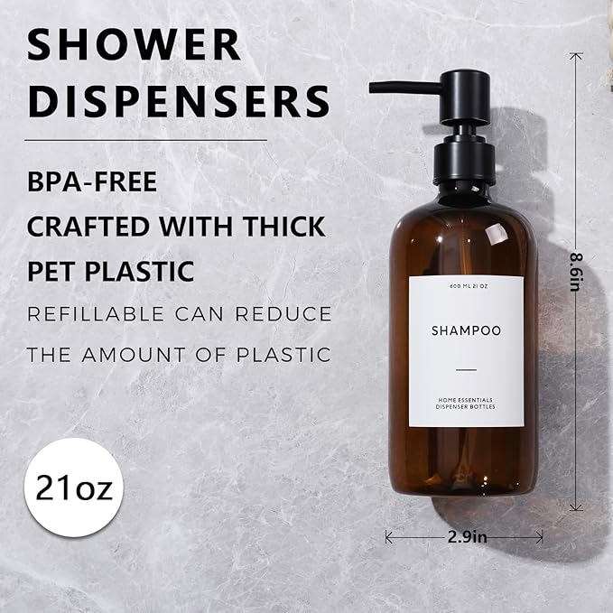 HOMCDALY Shampoo and Conditioner Dispenser, 21oz 3-Pack Refillable Shampoo and Conditioner Bottles, Shower Soap Bottles with Pump and Labels, Bathroom Shower Dispenser（21oz-Brown）