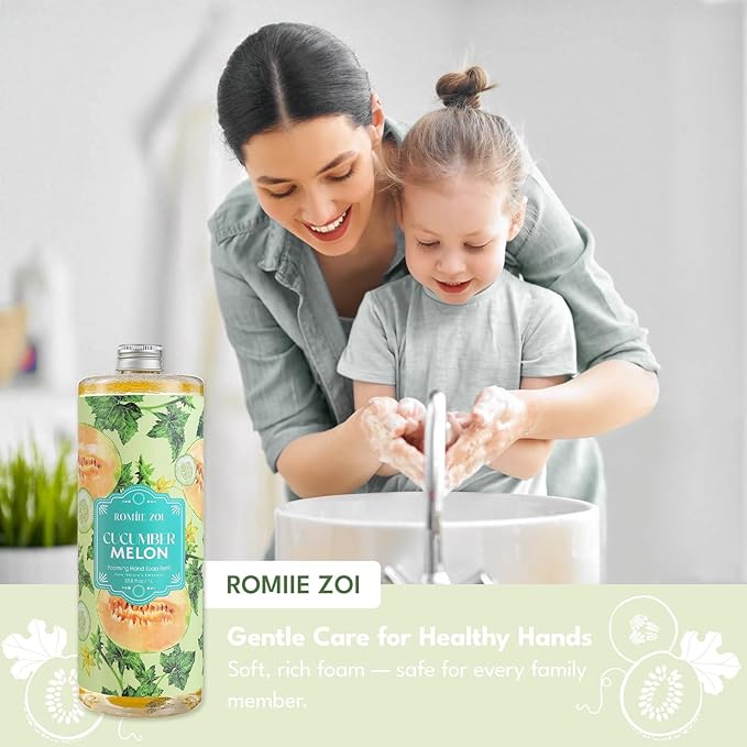 ROMIIE ZOI Natural Cucumber&Melon Foaming Hand Soap Refills 3-Pack (33.8 Fl Oz Each) with Dispenser - Plant-Based, Non-Toxic, Large Volume for Kitchen, Bathroom - Great Value Gift Set for Housewarming