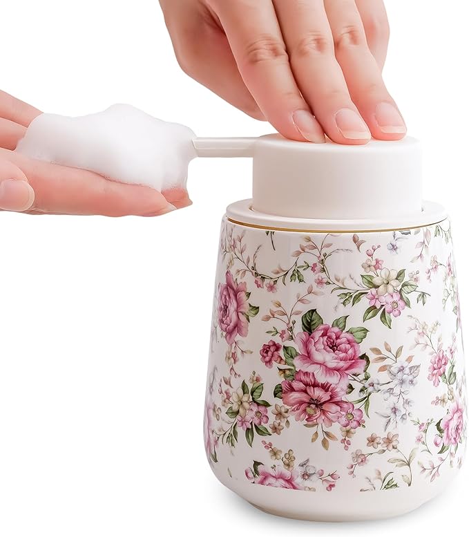 Soap Dispenser, Ceramic Foaming Soap Dispenser with Easy-to-Press Pump for Bathroom (Flowers Foam Dispenser)