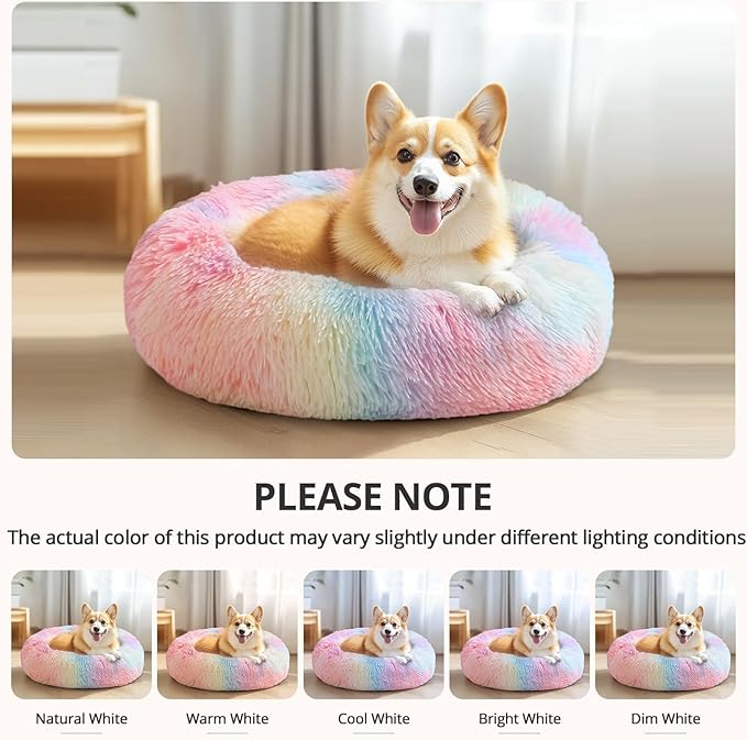 JOLLYVOGUE Small Dog & Cat Beds for Indoor Cats, Donut Cuddler Warming Soft Dog Beds with Anti-Slip Bottom, Round Calming Fluffy Plush Faux Fur Cushion Bed for Small Dogs (20", Rainbow)