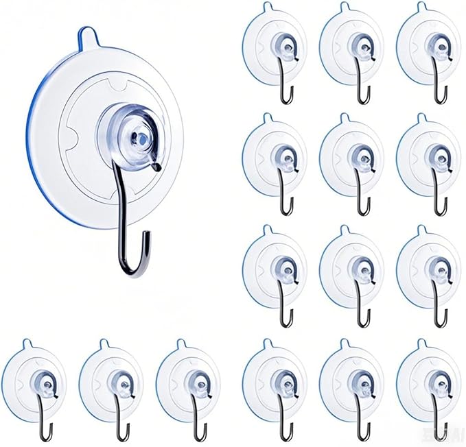 16 Pack Small Adhesive Suction Cup Hooks, 1.2 Inch Clear Mini Suckers Hook for Bathroom, KitchenWall, and Glass Door Window Hanging Signs, Holiday Ornaments, Suncatchers-(Holds 1 lb)
