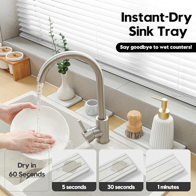 3 Pack Diatomite Stone Sink Tray, Water Absorbing Mat for Kitchen & Bathroom Counter, Quick Dry Soap Dish Makeup Vanity Caddy,Sponge Holder Organizer, Beige - 2pcs of 4.5"x 3.5" and 1pc of 9"x 3.5"