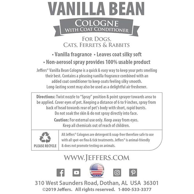 Jeffers Pet Cologne Spray with Coat Conditioner for Dogs & Cats, Vanilla Bean - Detergent & Soap Free Grooming Fragrance Mist, Deodorizer, Freshener, Safe for Pets, Salon, Home Use - 16 oz