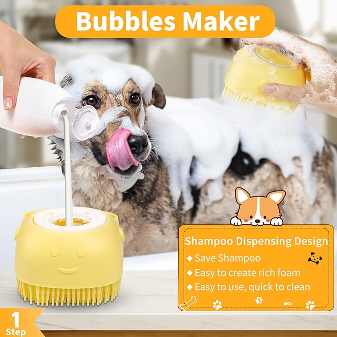 Comotech 6PCS Dog Bath Brush & Dog Toothbrush | Adjustable Handle Shampoo Brush & Scrubber for Short & Long Haired Dogs & Cats | Effectively Solve Odor & Stain Removal Problems (Orange Yellow Yellow)