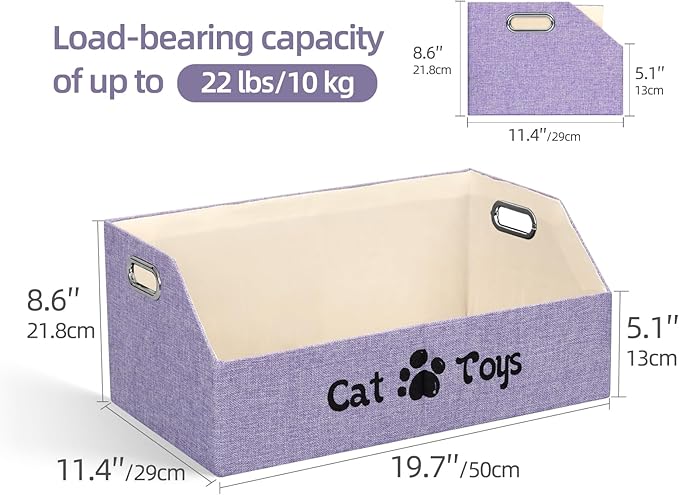 Cat Toy Basket, Kitten Toys Storage Organizer Foldable Fabric Bin Pet Supplies Chest Holder Trapezoid Container with Metal Handles for Organizing Cats Clothes Accessories, Purple