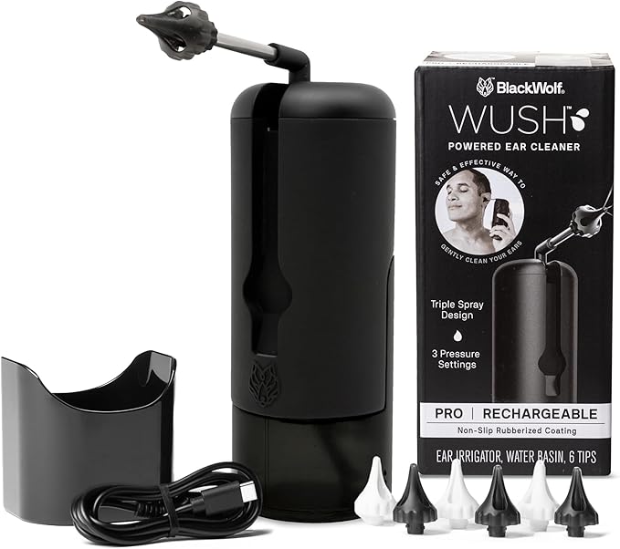 Wush Pro By Black Wolf- Deluxe Water Powered Ear Cleaner- Safe & Effective- Electric Triple Jet Stream 3 Pressure Settings For Ear Wax Buildup- Ear Wax Removal Kit- Water Resistant USB Rechargeable