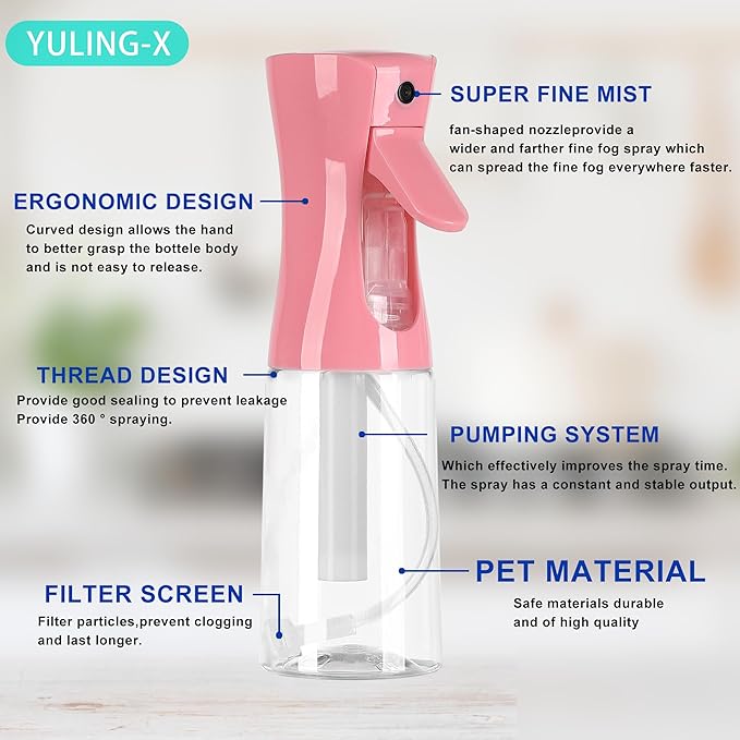 hair spray bottle, ultra-fine spray continuous spray bottle (200ml/6.8oz), used for hair design, vegetation, cleaning and skin care - empty, reusable (Pink)