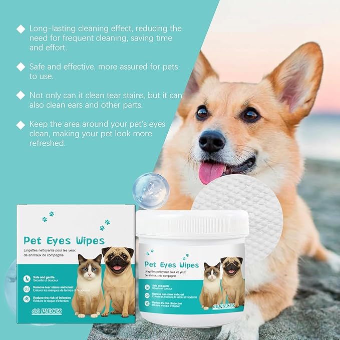 Pet Eye Wipes for Dogs & Cats, Tear Stain Remover for Dogs, Dog Ear Wipes, Cat Ear Cleaner, Non-Irritating, Remove Ear Wax and Dirt with Natural Ingredients - 60 Counts