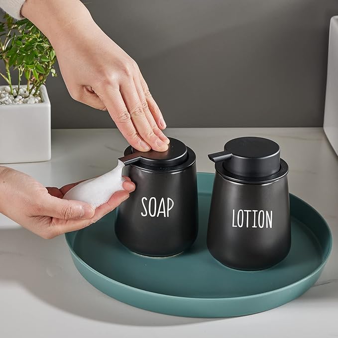 12Oz Black Foaming Soap Dispenser - Ceramic Foam Hand Soap Dispenser Set with Easy-to-Press Pump, Refillable Liquid Dish Soap Dispensers for Bathroom and Kitchen, 2 Pack