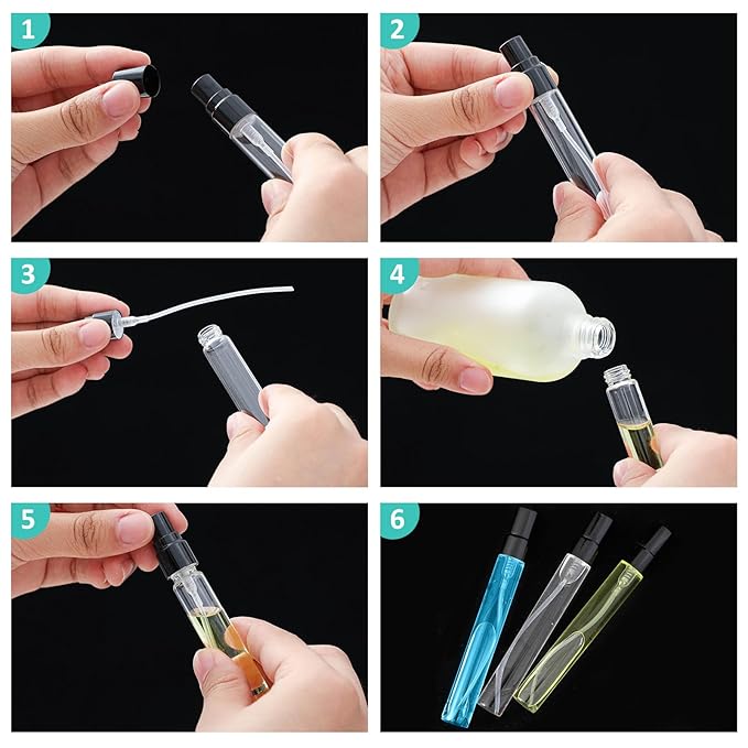 Zhehao 10 Pcs Mini Spray Bottles 10 ml Clear Glass Perfume Bottles Refillable Fine Mist Perfume Atomizer Portable Empty Sample Containers for Cleaning, Essential Oils, Travel (Black Cap)