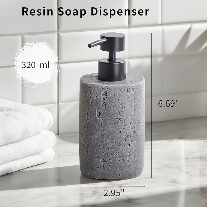 2 Pack Gray Resin Soap Dispensers, Refillable Liquid Lotion Dispenser Bottles with Travertine-Look for Bathroom and Kitchen Countertop, Modern Stone Texture (10.8 oz)