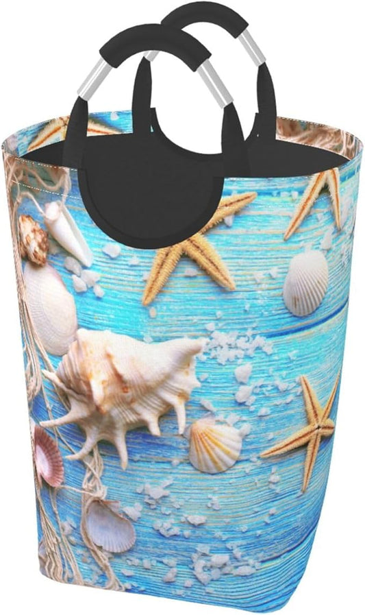 Beach Wooden Starfish Laundry Basket Seashell Laundry Hamper Blue Collapsible Laundry Baskets with Handle Laundry Bag Dirty Clothes Hamper for Dorm Family Bathroom Decor Storage 50L