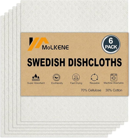 Swedish Dishcloths for Kitchen | 6 Pack Absorbent Cellulose Sponge Cloths Washable | Non-Scratch Reusable Paper Towels Quick Drying Cleaning Cloths - White