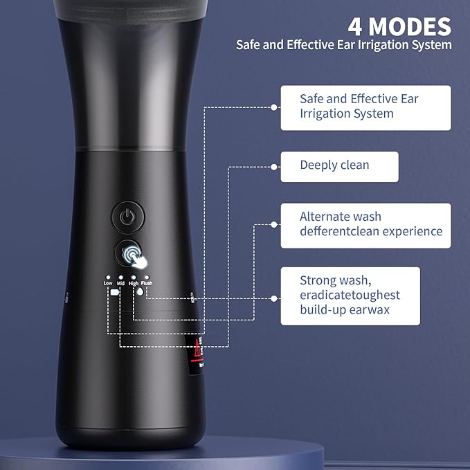 Upgraded Ear Wax Removal Kit, 4-Mode Electric Ear Cleaner - IPX7 Waterproof, Earwax Cleaning Kit with Water Temperature Sensor, 2in1 Waste Tank Design for Home Use