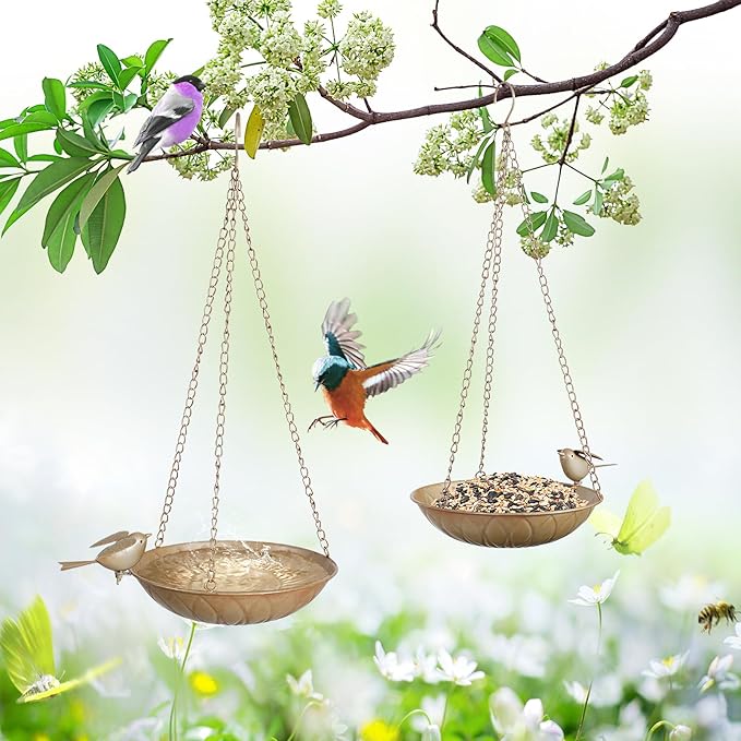 2 Pack Hanging Bird Bath for Outside, Metal Birds Feeder & Water Bowl with Chains and S-Hooks,Birdbath Hanging for Outdoors Bird Feeder Seed Tray Garden Yard Decor (Rustic Gold)