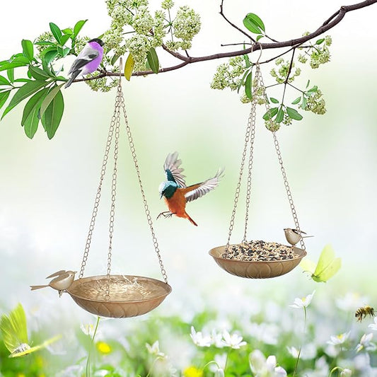 2 Pack Hanging Bird Bath for Outside, Metal Birds Feeder & Water Bowl with Chains and S-Hooks,Birdbath Hanging for Outdoors Bird Feeder Seed Tray Garden Yard Decor (Rustic Gold)