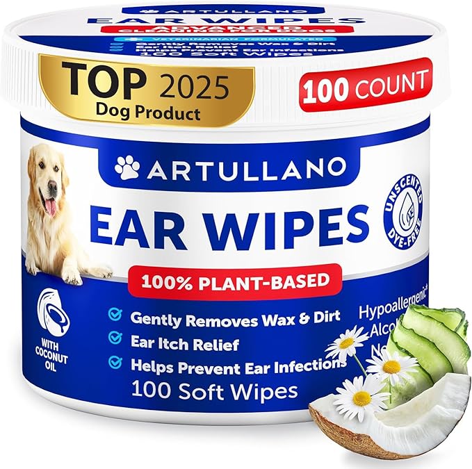 Dog Ear Wipes - 100 ct - Removes Wax and Dirt - Soothing Ear Cleaner Wipes for Dogs, Puppies - 100% Plant Based, Unscented with Coconut Oil - Ear Infection Treatment to Relief Itching & Inflammation