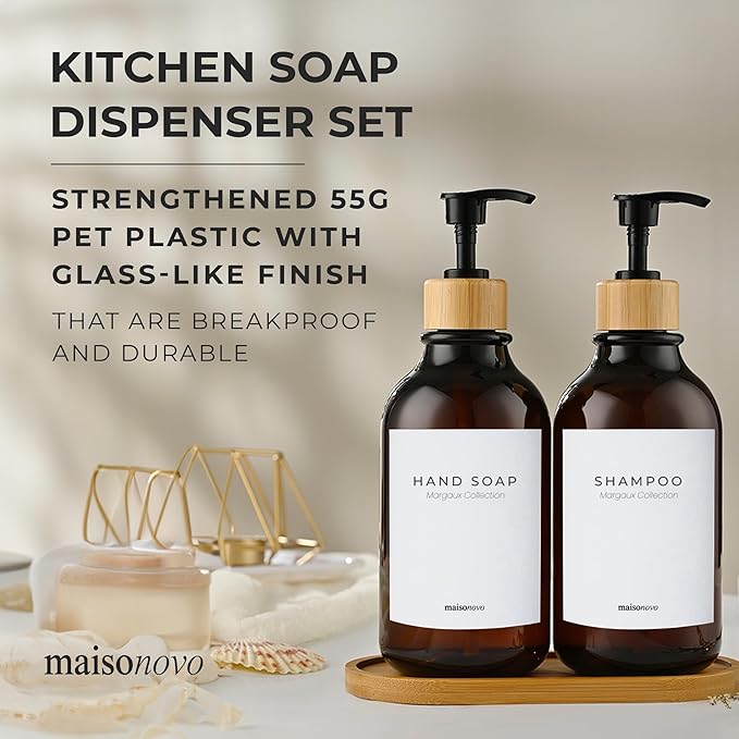 Maisonovo Plastic Soap Dispenser Set | Hand Soap and Dish Soap Dispenser Set | 16.9oz Amber Bottles with Black Bamboo Pump | Bathroom Lotion Dispenser with Pump Set of 2